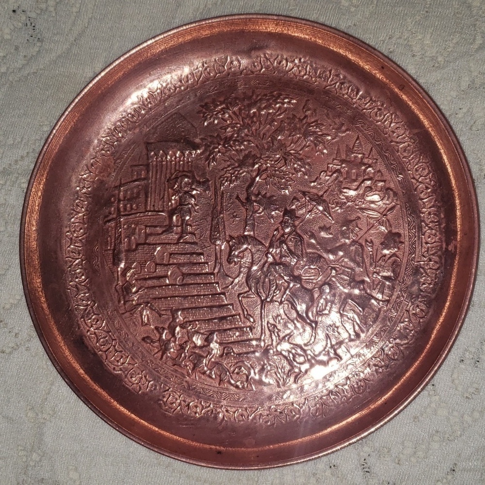 Antique hand tooled Middle Eastern figural engraved copper dish plate